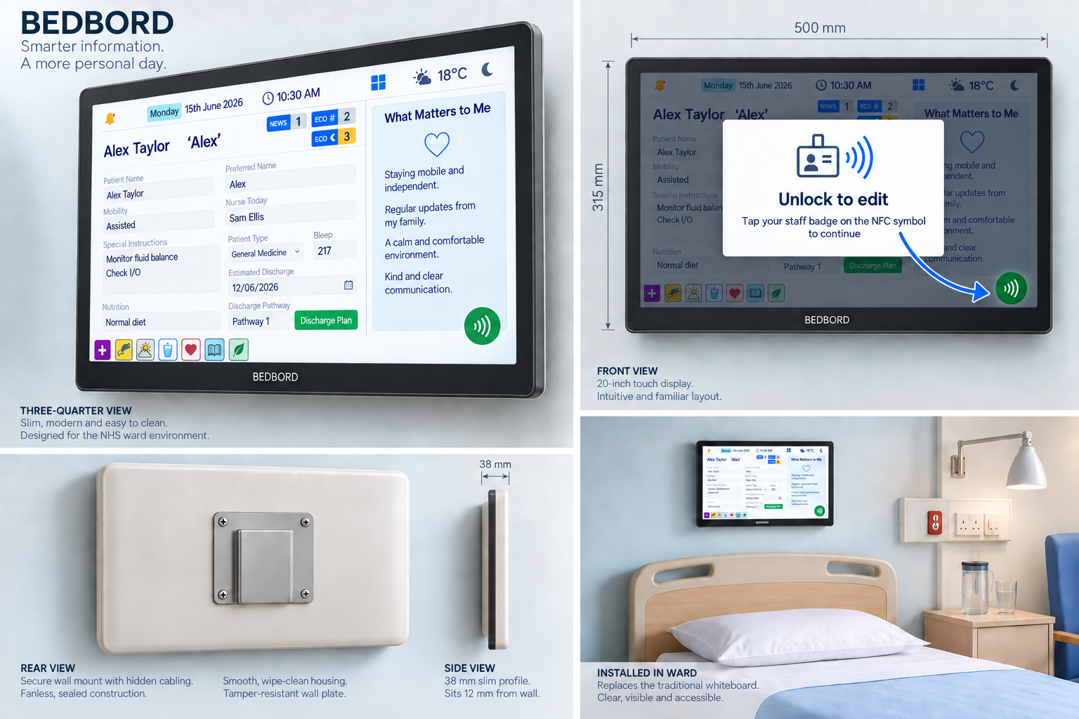 Bedbord digital display mounted above a hospital bed