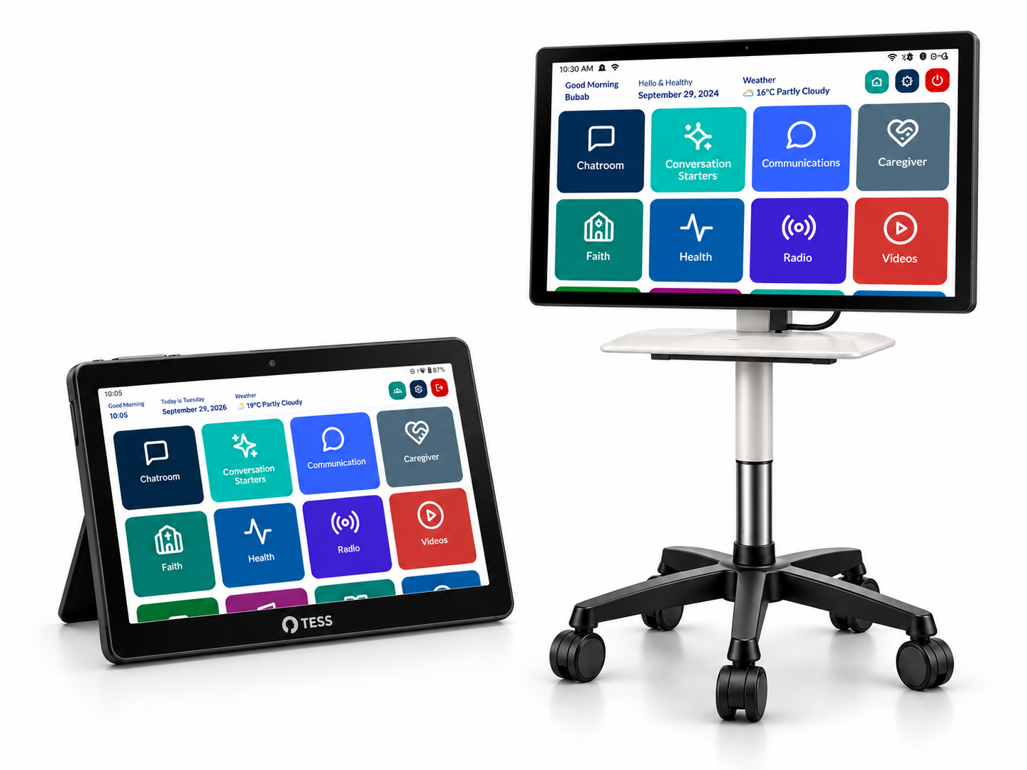 TESS dashboard displayed on a tablet and a screen mounted on a medical cart